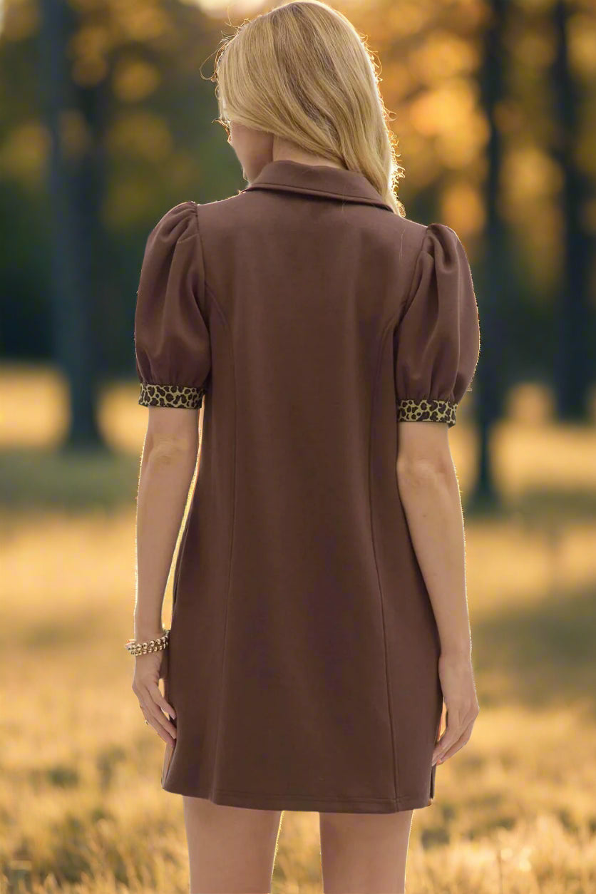 Entro Puff Sleeve Mini Dress with Leopard Trim-Dresses-Entro-Deja Nu Boutique, Women's Fashion Boutique in Lampasas, Texas