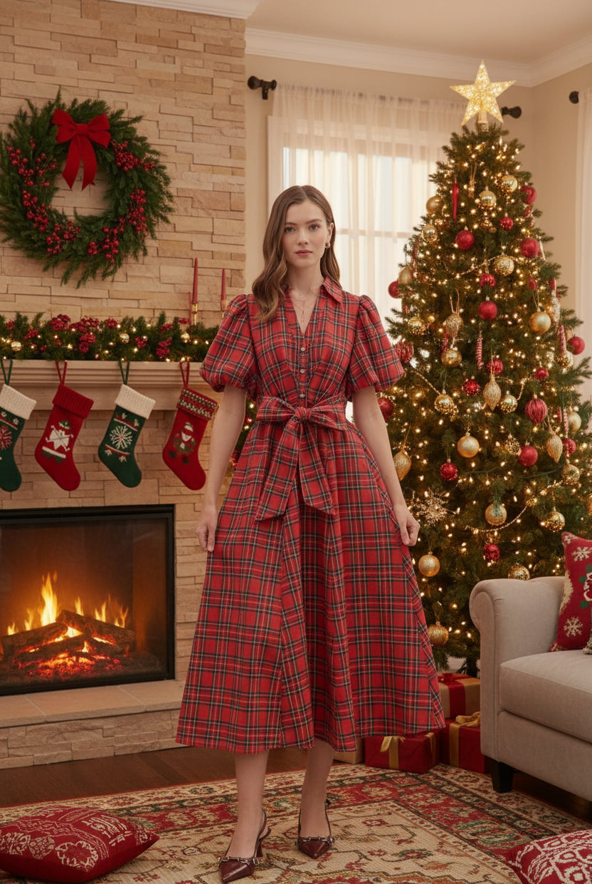 Entro Red Plaid Puff Sleeve Midi Dress with Tie Waist & Pockets-Dresses-Entro-Deja Nu Boutique, Women's Fashion Boutique in Lampasas, Texas