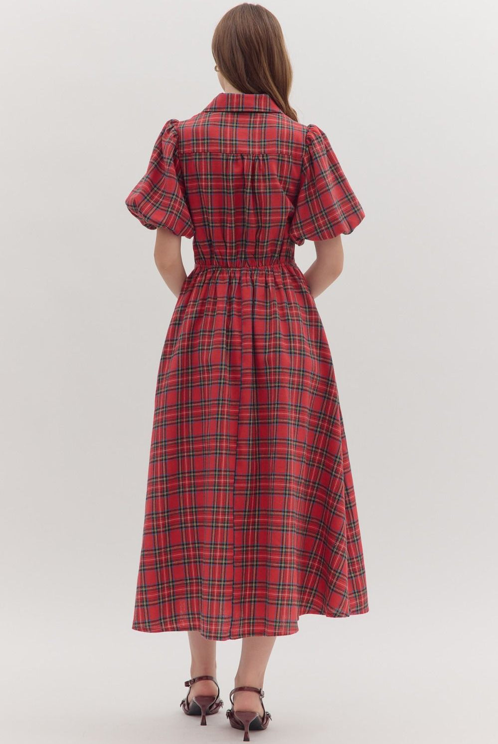 Entro Red Plaid Puff Sleeve Midi Dress with Tie Waist & Pockets-Dresses-Entro-Deja Nu Boutique, Women's Fashion Boutique in Lampasas, Texas