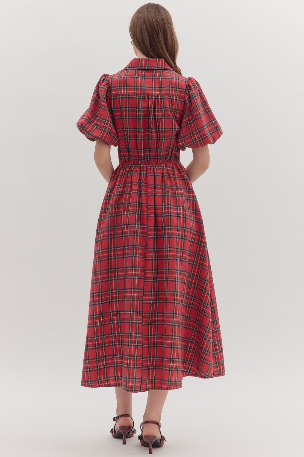 Entro Red Plaid Puff Sleeve Midi Dress with Tie Waist & Pockets-Dresses-Entro-Deja Nu Boutique, Women's Fashion Boutique in Lampasas, Texas