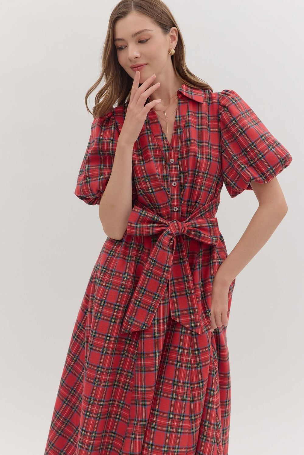 Entro Red Plaid Puff Sleeve Midi Dress with Tie Waist & Pockets-Dresses-Entro-Deja Nu Boutique, Women's Fashion Boutique in Lampasas, Texas