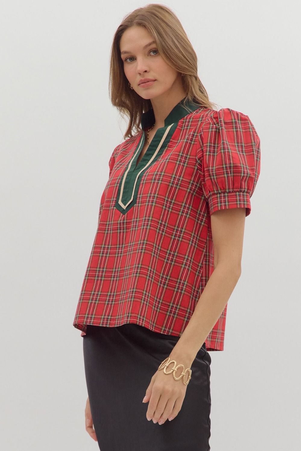 Entro Red Plaid Puff Sleeve Top with Contrast Trim-Tops-entro-Deja Nu Boutique, Women's Fashion Boutique in Lampasas, Texas
