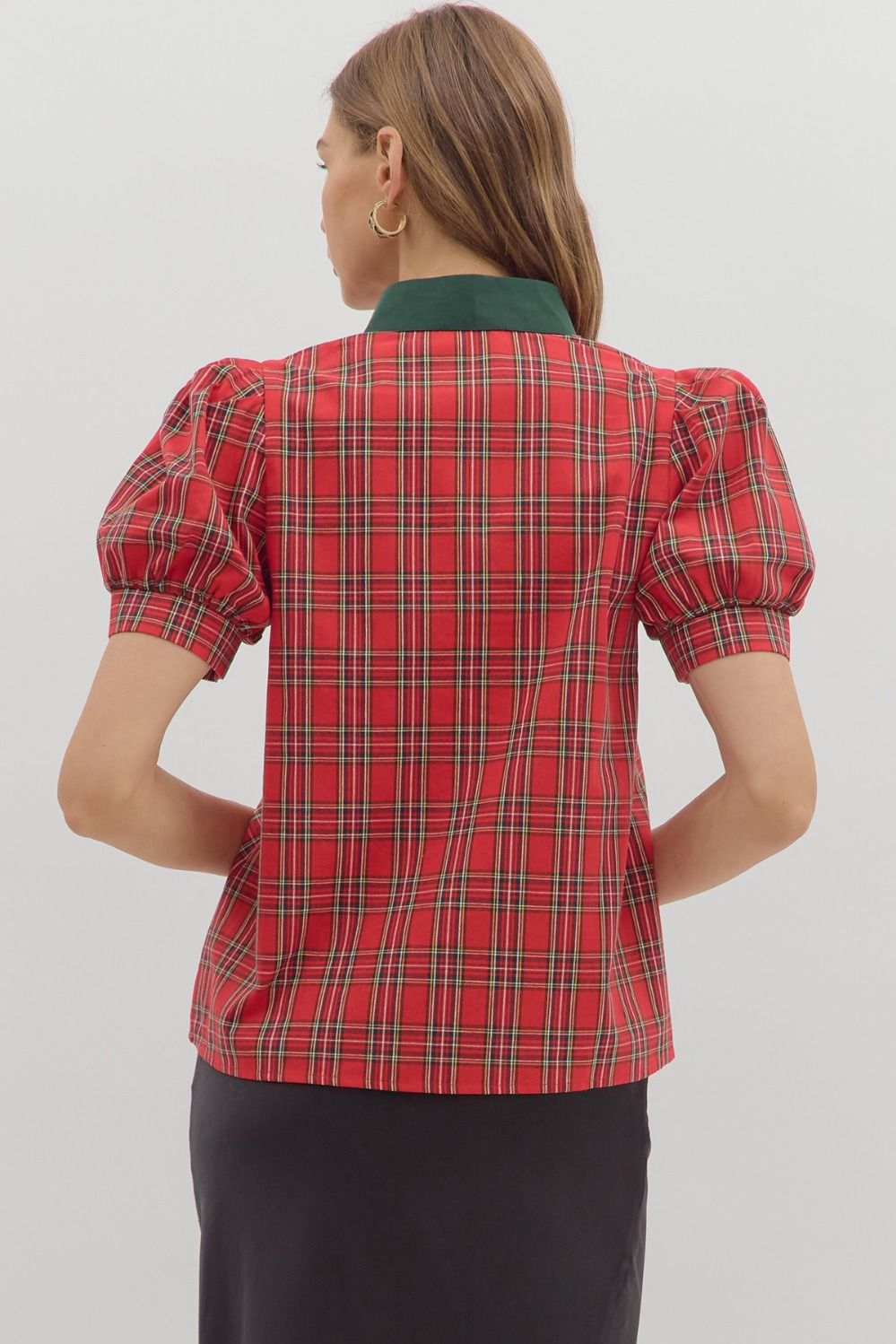 Entro Red Plaid Puff Sleeve Top with Contrast Trim-Tops-entro-Deja Nu Boutique, Women's Fashion Boutique in Lampasas, Texas