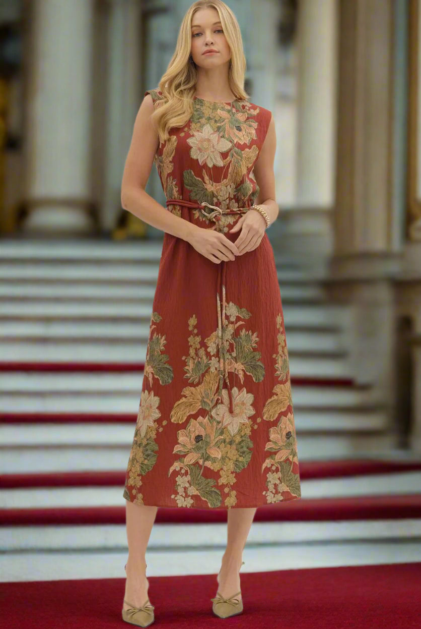 Entro Rust Floral Sleeveless Midi Dress-Dresses-entro-Deja Nu Boutique, Women's Fashion Boutique in Lampasas, Texas