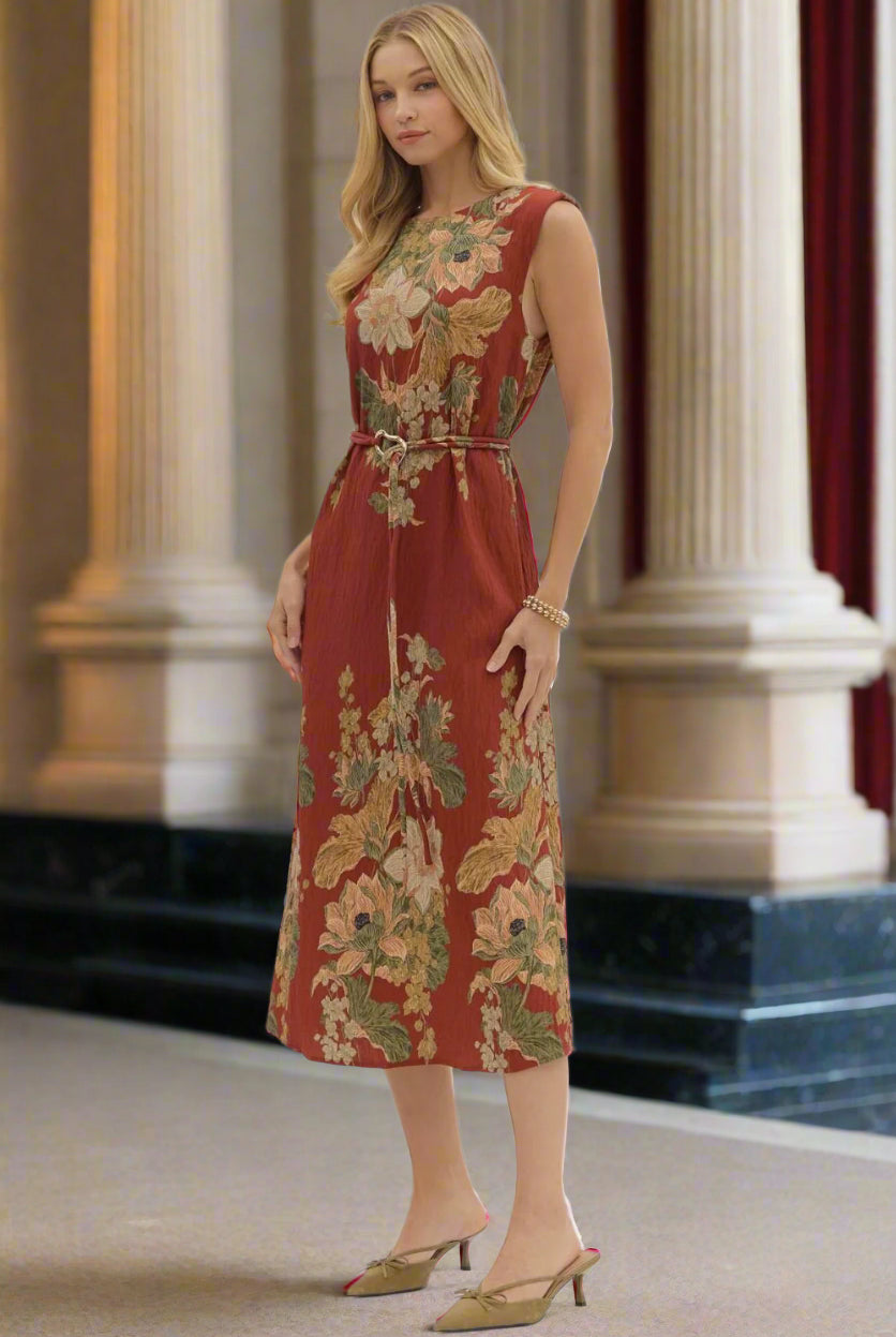 Entro Rust Floral Sleeveless Midi Dress-Dresses-entro-Deja Nu Boutique, Women's Fashion Boutique in Lampasas, Texas