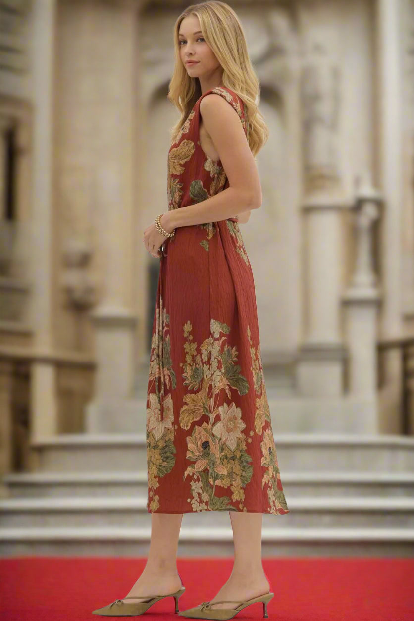 Entro Rust Floral Sleeveless Midi Dress-Dresses-entro-Deja Nu Boutique, Women's Fashion Boutique in Lampasas, Texas