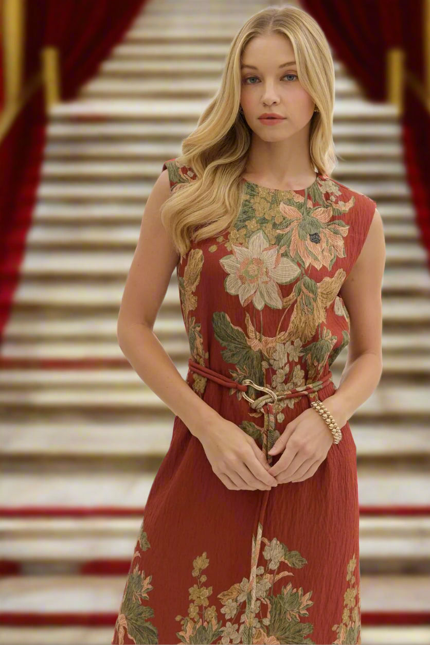 Entro Rust Floral Sleeveless Midi Dress-Dresses-entro-Deja Nu Boutique, Women's Fashion Boutique in Lampasas, Texas