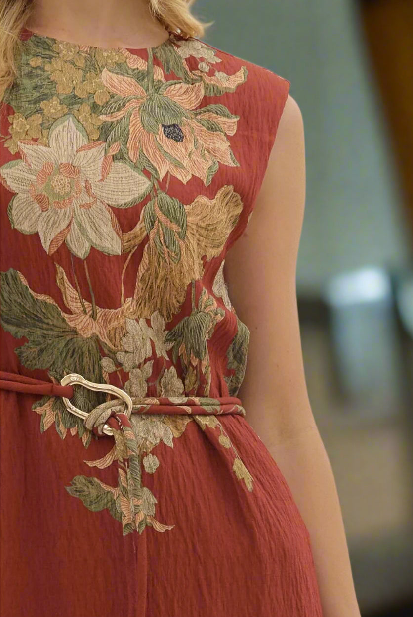 Entro Rust Floral Sleeveless Midi Dress-Dresses-entro-Deja Nu Boutique, Women's Fashion Boutique in Lampasas, Texas