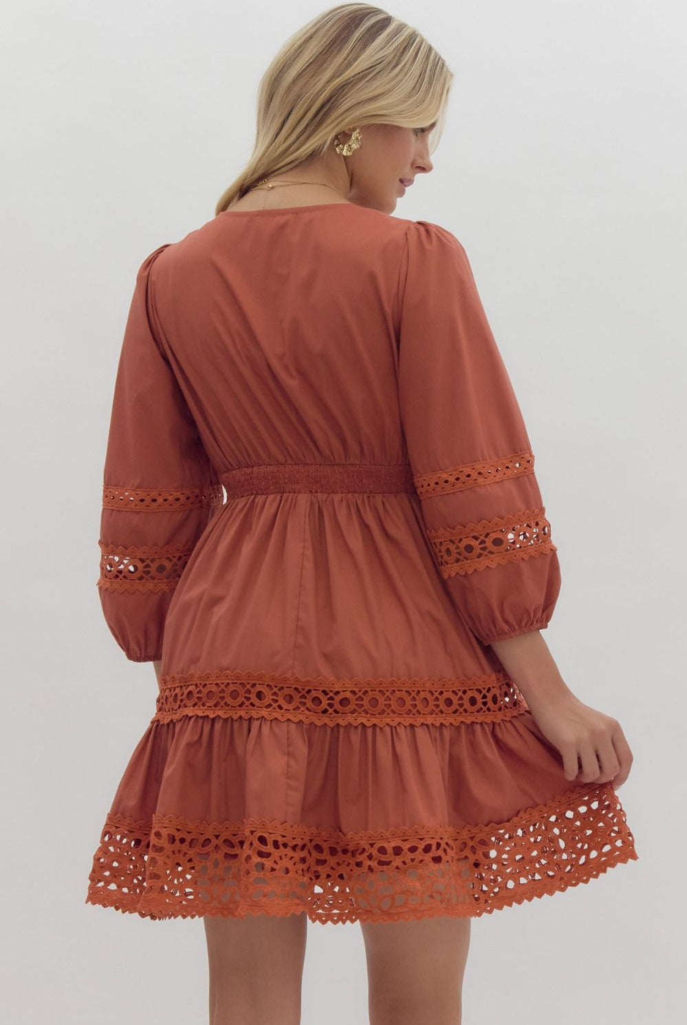 Entro Rust Lace Inset Smocked Waist Short Dress-Dresses-Entro-Deja Nu Boutique, Women's Fashion Boutique in Lampasas, Texas