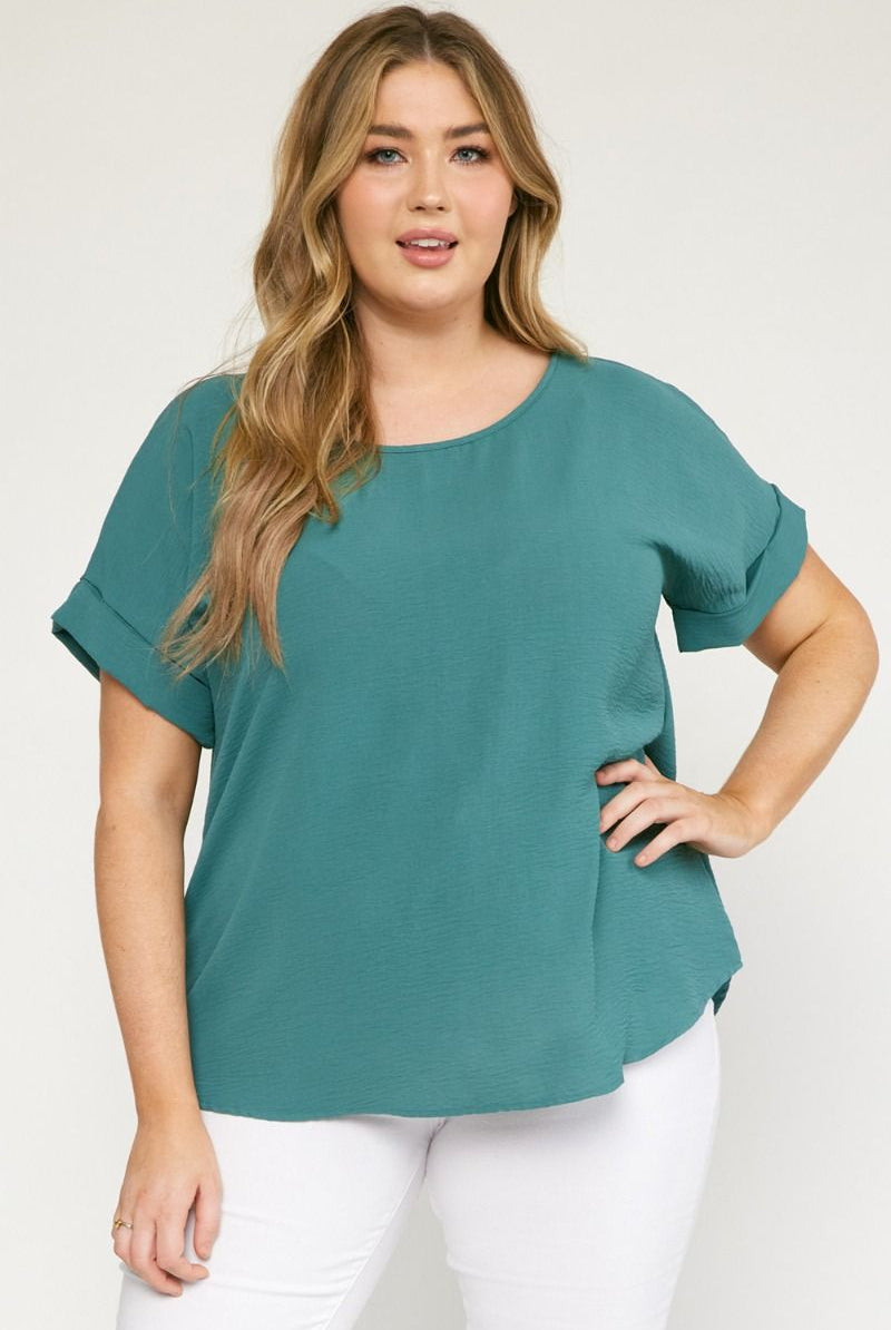 Entro Scoop-Neck Top Featuring Permanent Rolled Sleeve Detail In Forest Plus-Curvy/Plus Basics-Entro-Deja Nu Boutique, Women's Fashion Boutique in Lampasas, Texas