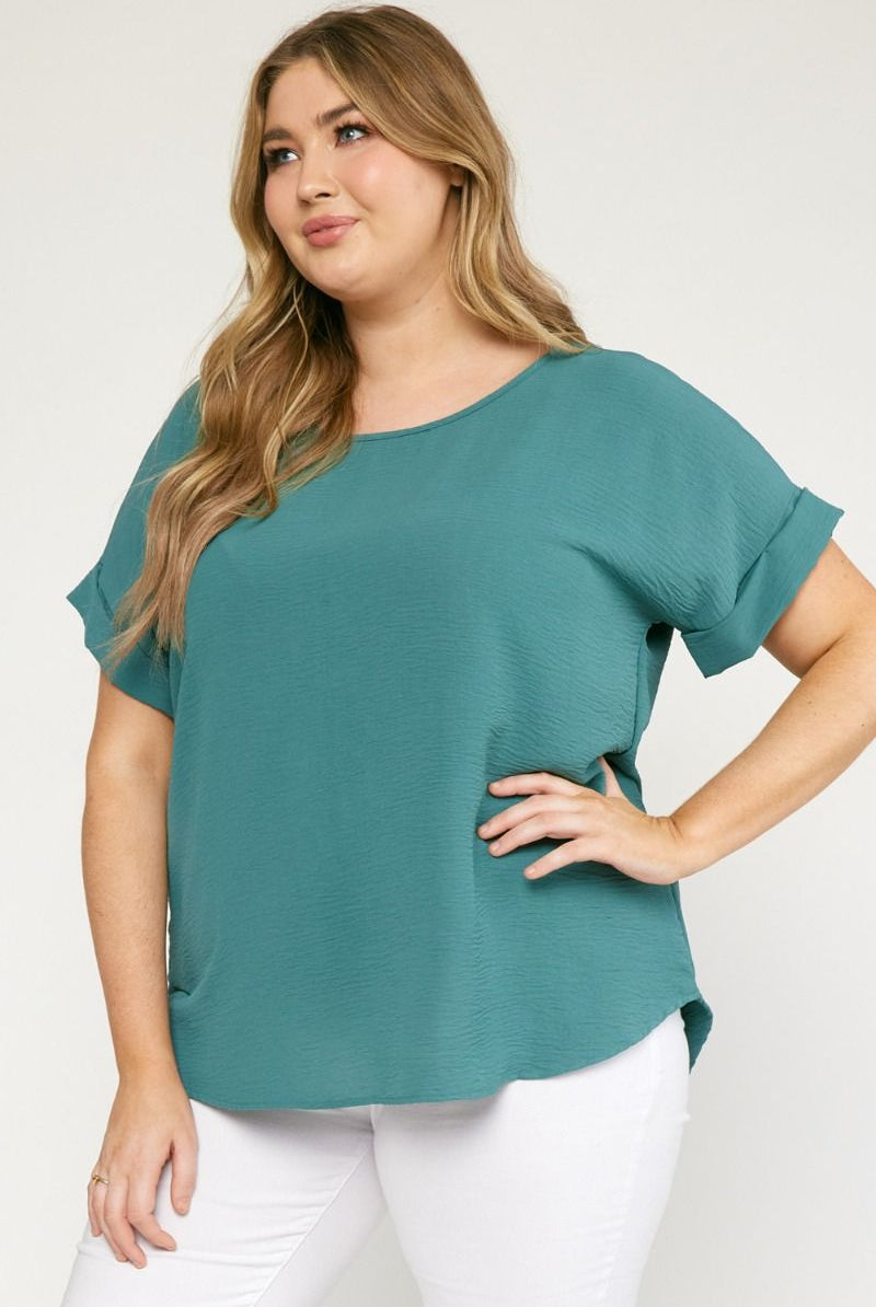 Entro Scoop-Neck Top Featuring Permanent Rolled Sleeve Detail In Forest Plus-Curvy/Plus Basics-Entro-Deja Nu Boutique, Women's Fashion Boutique in Lampasas, Texas