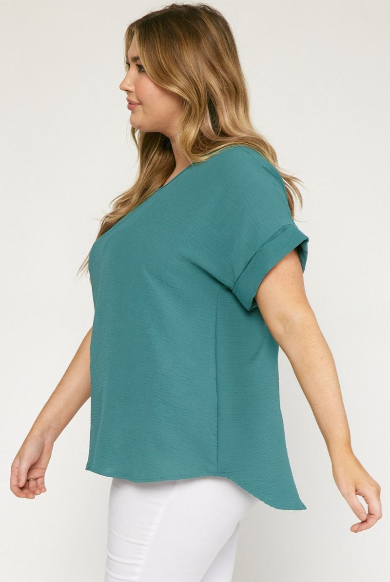 Entro Scoop-Neck Top Featuring Permanent Rolled Sleeve Detail In Forest Plus-Curvy/Plus Basics-Entro-Deja Nu Boutique, Women's Fashion Boutique in Lampasas, Texas