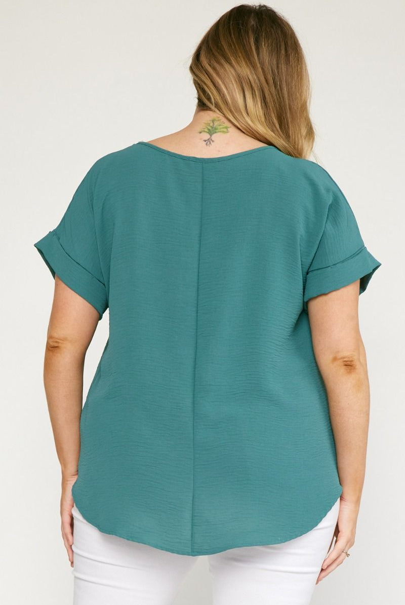 Entro Scoop-Neck Top Featuring Permanent Rolled Sleeve Detail In Forest Plus-Curvy/Plus Basics-Entro-Deja Nu Boutique, Women's Fashion Boutique in Lampasas, Texas