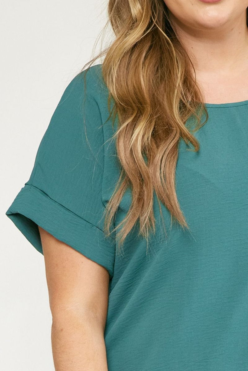 Entro Scoop-Neck Top Featuring Permanent Rolled Sleeve Detail In Forest Plus-Curvy/Plus Basics-Entro-Deja Nu Boutique, Women's Fashion Boutique in Lampasas, Texas