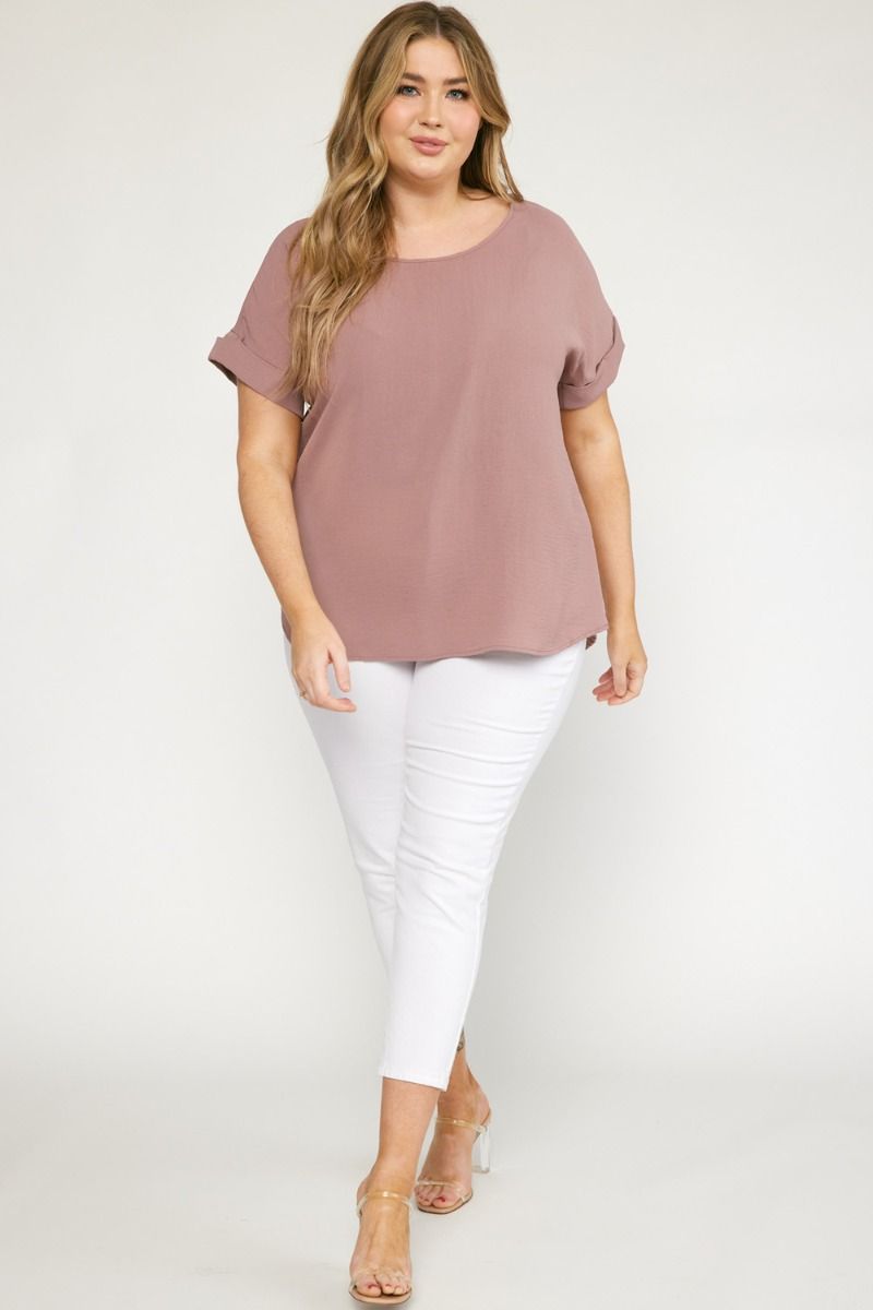 Entro Scoop-Neck Top Featuring Permanent Rolled Sleeve Detail In Mocha Plus-Curvy/Plus Basics-Entro-Deja Nu Boutique, Women's Fashion Boutique in Lampasas, Texas