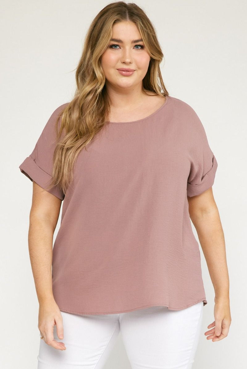 Entro Scoop-Neck Top Featuring Permanent Rolled Sleeve Detail In Mocha Plus-Curvy/Plus Basics-Entro-Deja Nu Boutique, Women's Fashion Boutique in Lampasas, Texas