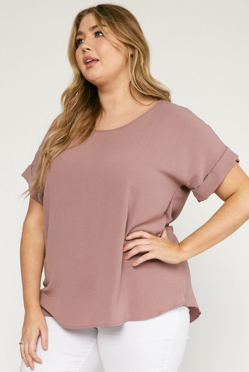 Entro Scoop-Neck Top Featuring Permanent Rolled Sleeve Detail In Mocha Plus-Curvy/Plus Basics-Entro-Deja Nu Boutique, Women's Fashion Boutique in Lampasas, Texas