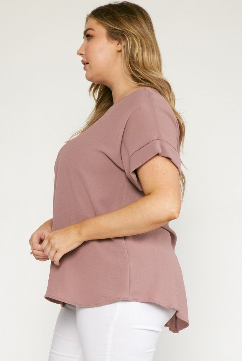Entro Scoop-Neck Top Featuring Permanent Rolled Sleeve Detail In Mocha Plus-Curvy/Plus Basics-Entro-Deja Nu Boutique, Women's Fashion Boutique in Lampasas, Texas