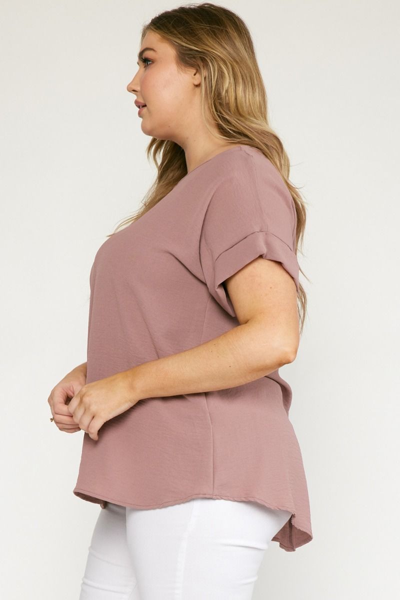 Entro Scoop-Neck Top Featuring Permanent Rolled Sleeve Detail In Mocha Plus-Curvy/Plus Basics-Entro-Deja Nu Boutique, Women's Fashion Boutique in Lampasas, Texas