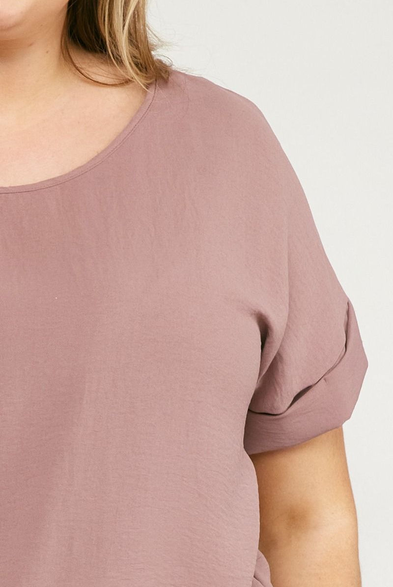 Entro Scoop-Neck Top Featuring Permanent Rolled Sleeve Detail In Mocha Plus-Curvy/Plus Basics-Entro-Deja Nu Boutique, Women's Fashion Boutique in Lampasas, Texas