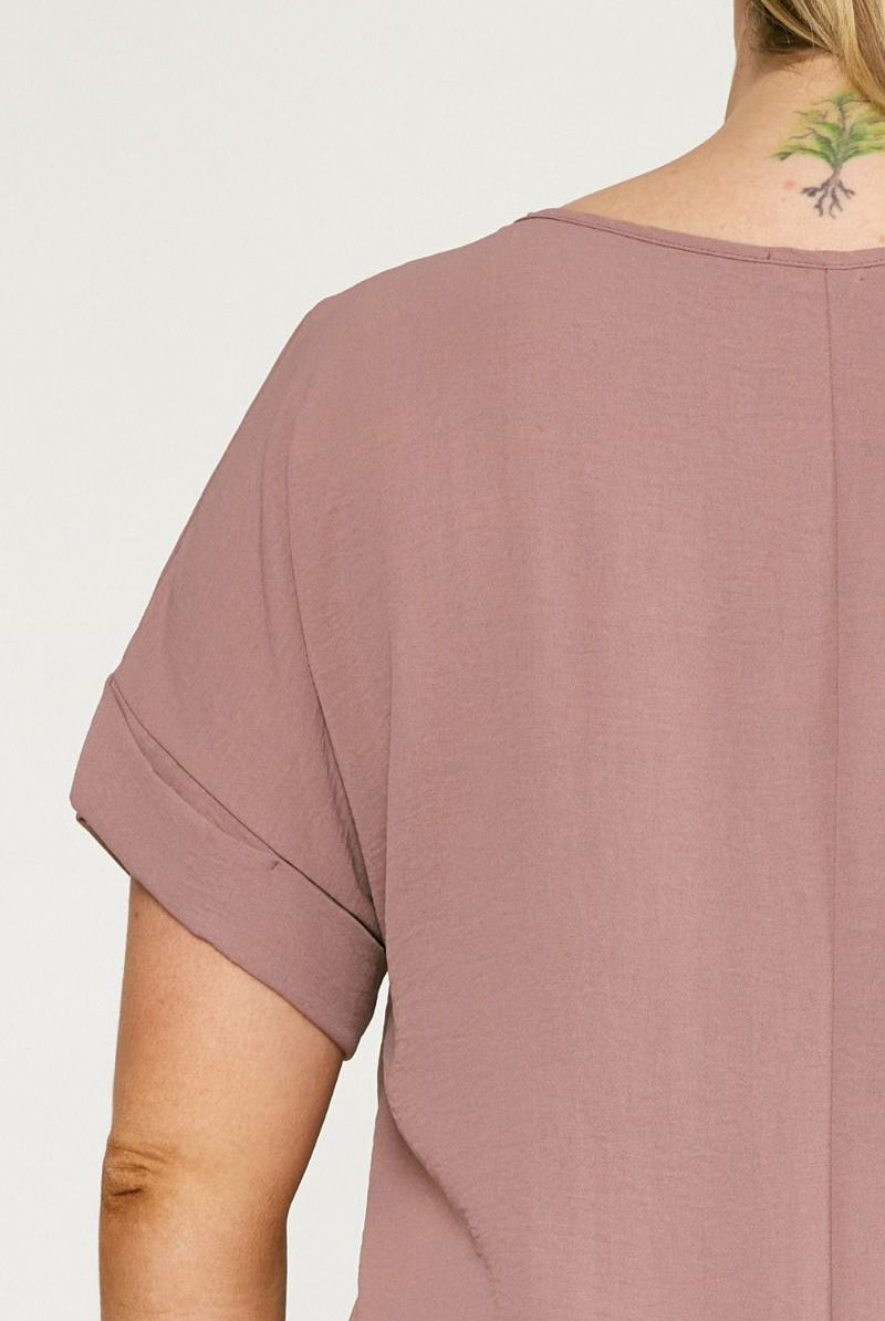 Entro Scoop-Neck Top Featuring Permanent Rolled Sleeve Detail In Mocha Plus-Curvy/Plus Basics-Entro-Deja Nu Boutique, Women's Fashion Boutique in Lampasas, Texas