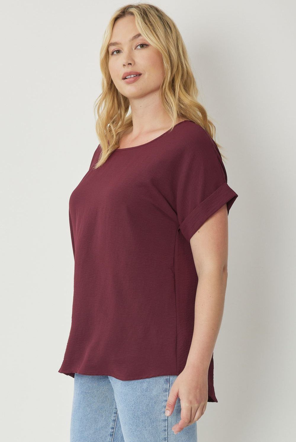 Entro Scoop Neck Blouse With Permanent Rolled Sleeves In Burgundy Plus-Curvy/Plus Blouses-Entro-Deja Nu Boutique, Women's Fashion Boutique in Lampasas, Texas