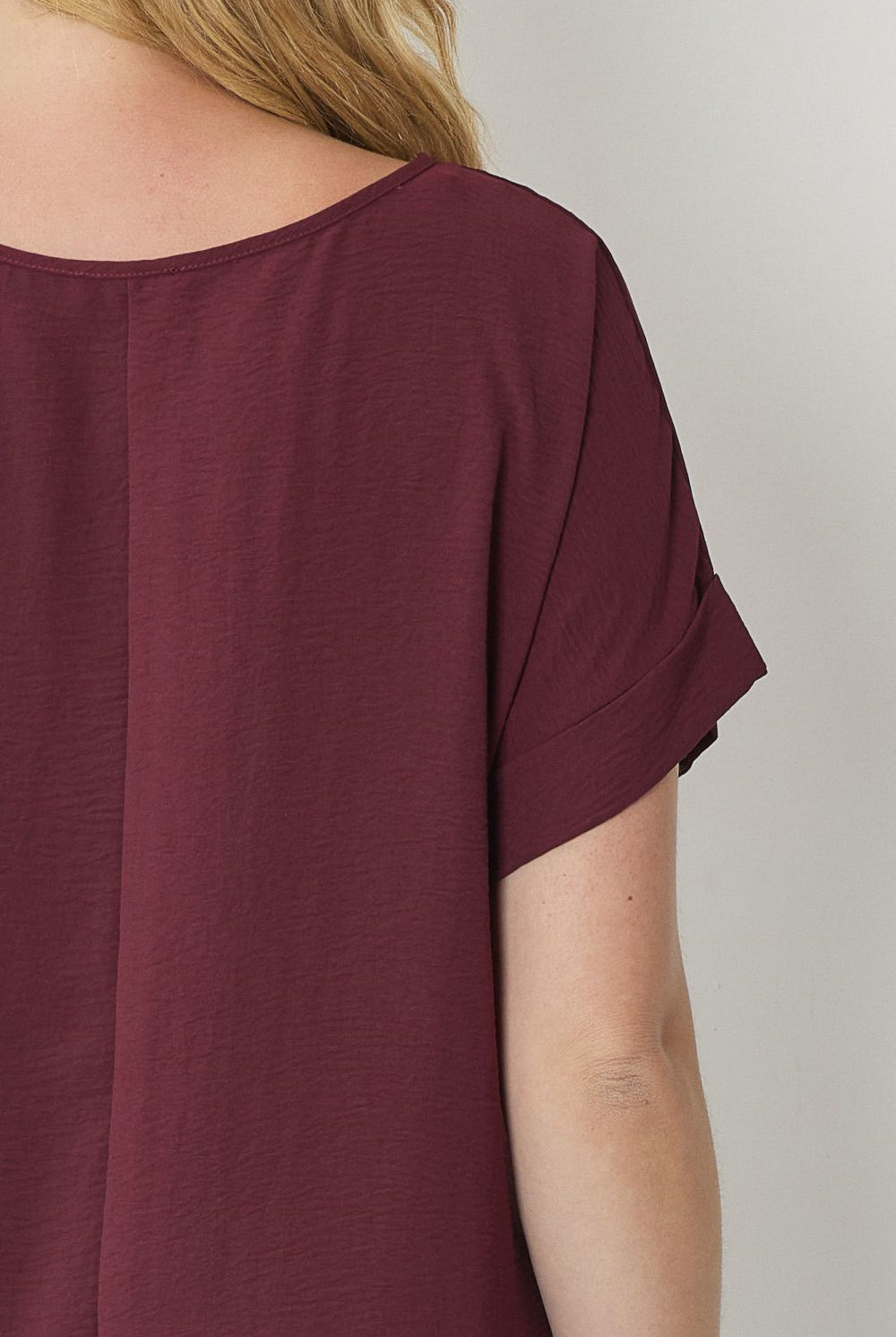 Entro Scoop Neck Blouse With Permanent Rolled Sleeves In Burgundy Plus-Curvy/Plus Blouses-Entro-Deja Nu Boutique, Women's Fashion Boutique in Lampasas, Texas