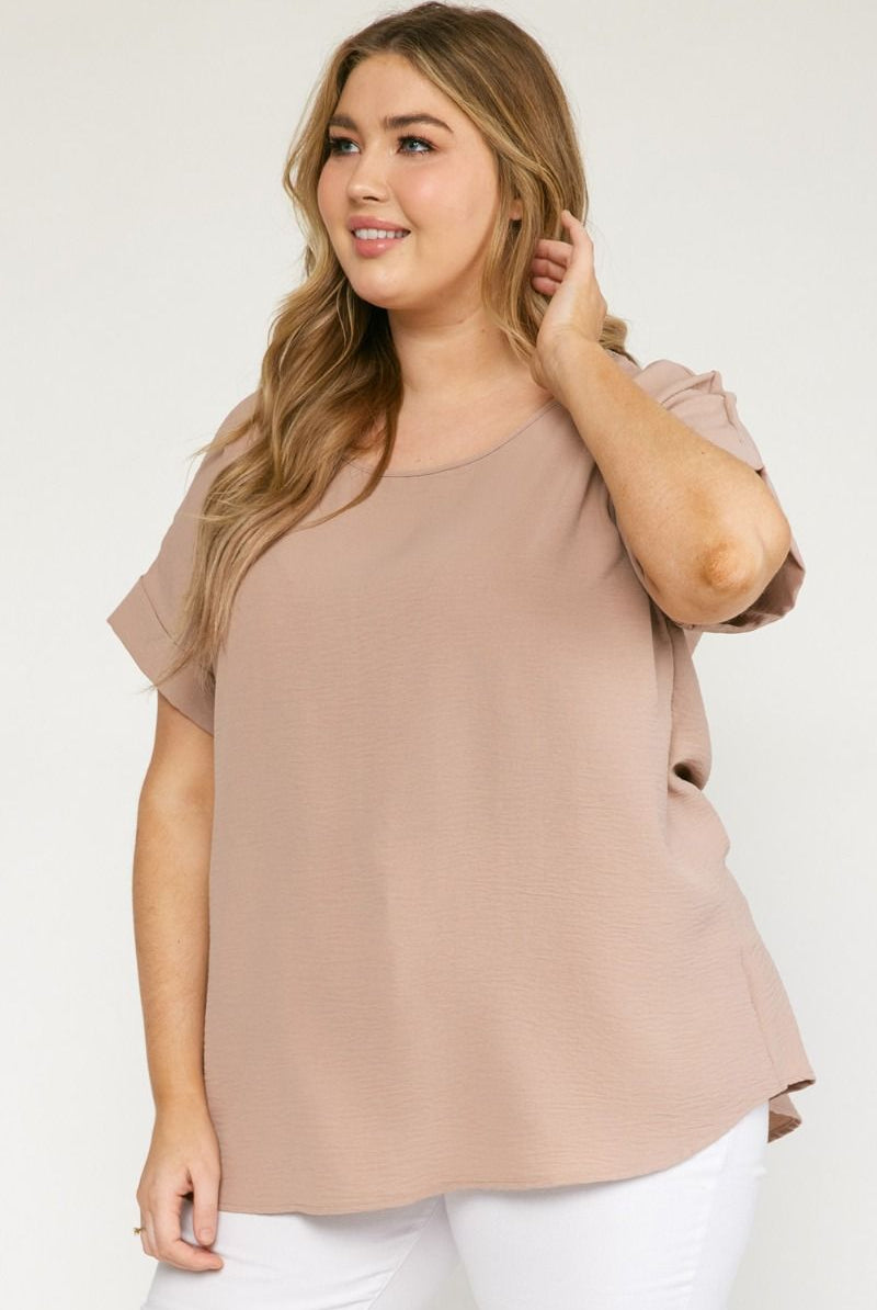 Entro Scoop Neck Blouse With Permanent Rolled Sleeves In Latte Plus-Curvy/Plus Blouses-Entro-Deja Nu Boutique, Women's Fashion Boutique in Lampasas, Texas