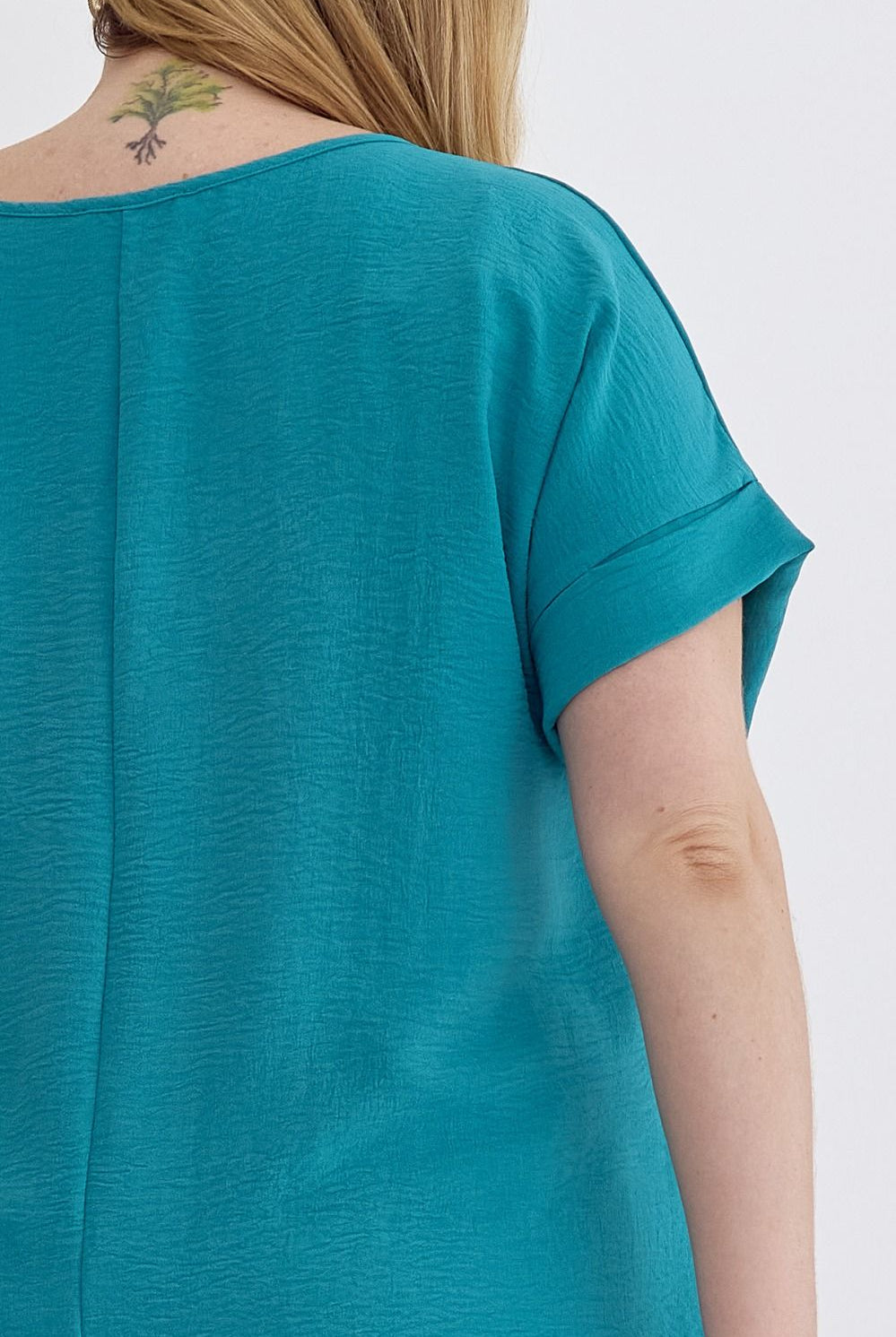 Entro Scoop Neck Blouse With Permanent Rolled Sleeves In Ocean Blue Plus-Curvy/Plus Blouses-Entro-Deja Nu Boutique, Women's Fashion Boutique in Lampasas, Texas