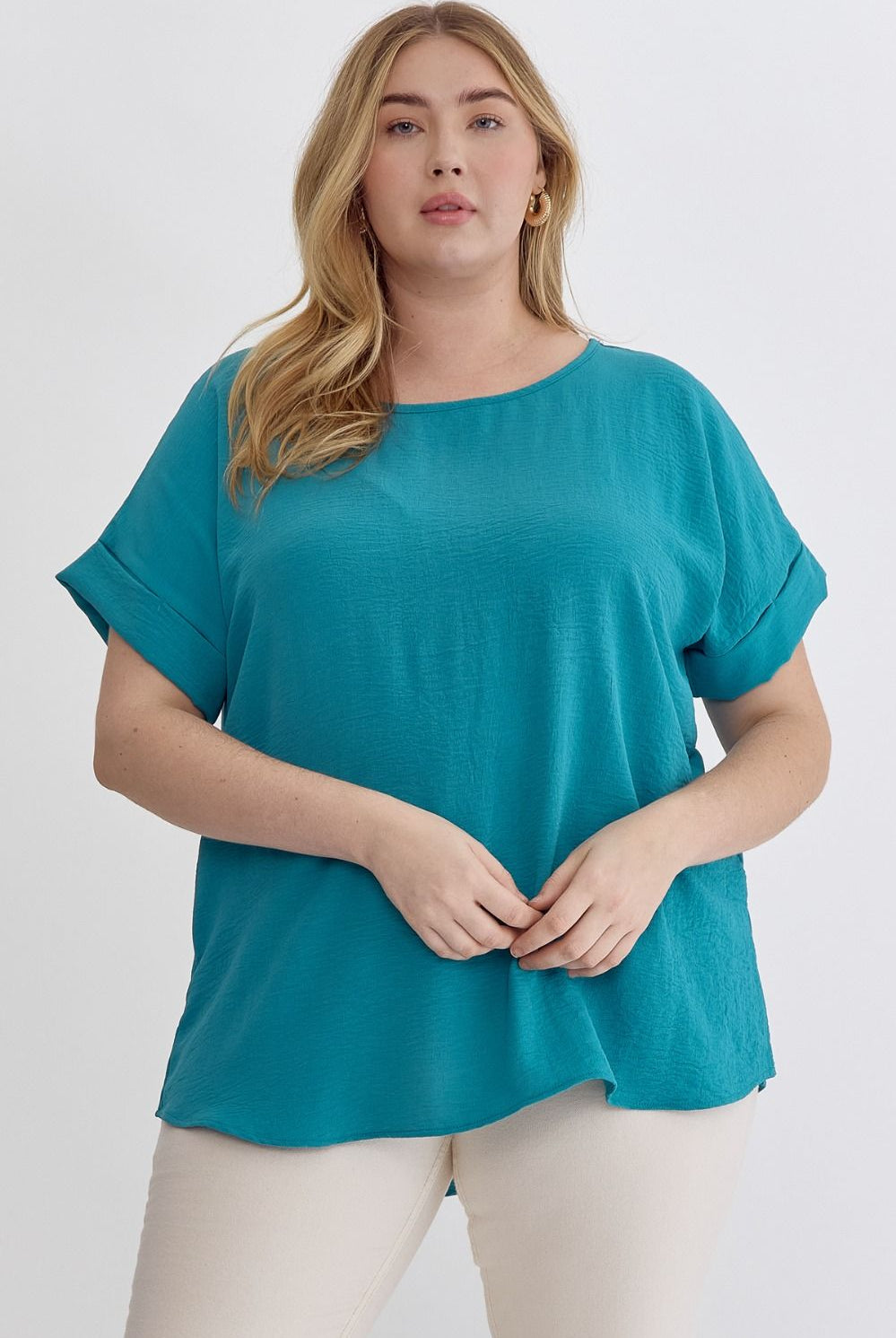 Entro Scoop Neck Blouse With Permanent Rolled Sleeves In Ocean Blue Plus-Curvy/Plus Blouses-Entro-Deja Nu Boutique, Women's Fashion Boutique in Lampasas, Texas