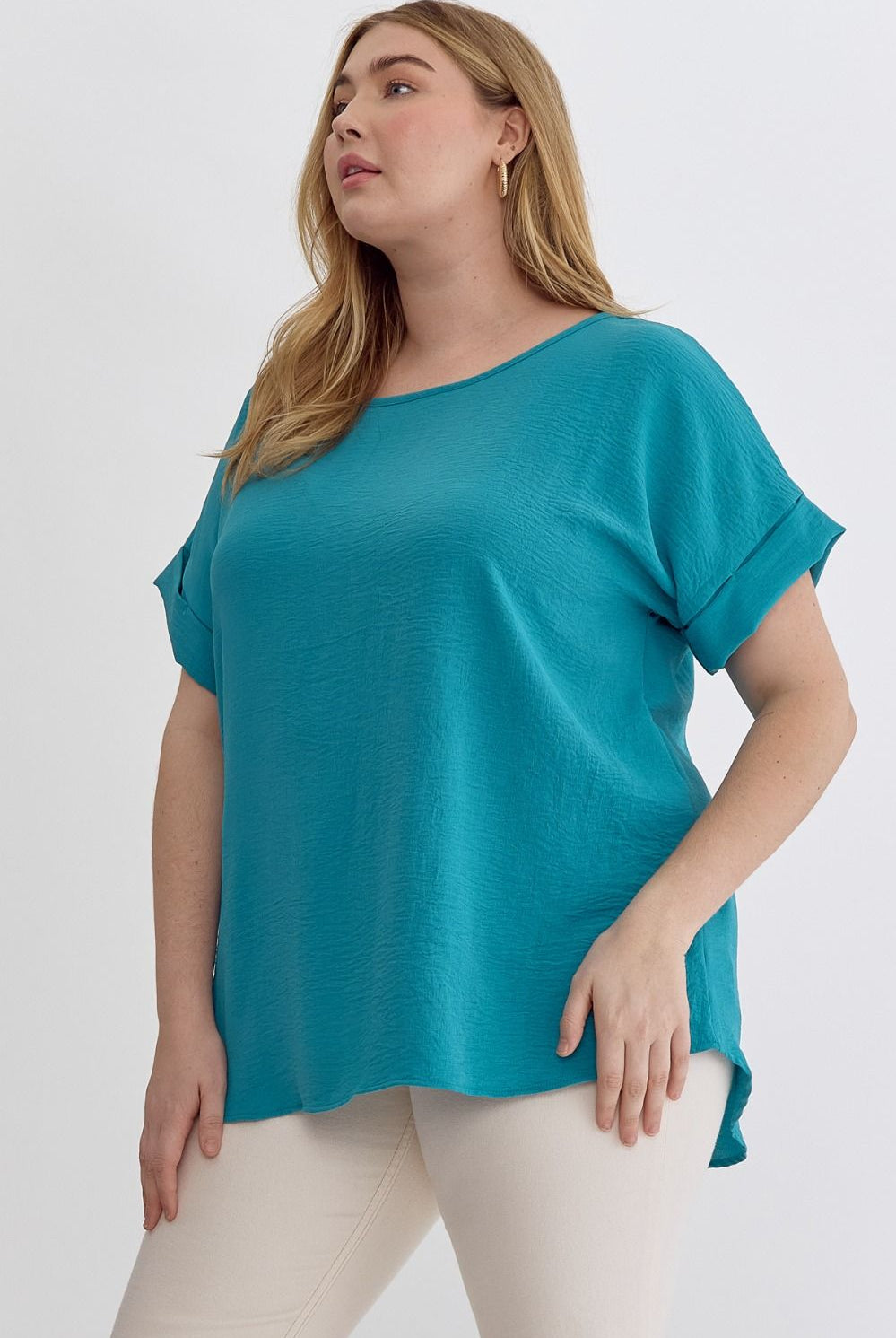 Entro Scoop Neck Blouse With Permanent Rolled Sleeves In Ocean Blue Plus-Curvy/Plus Blouses-Entro-Deja Nu Boutique, Women's Fashion Boutique in Lampasas, Texas