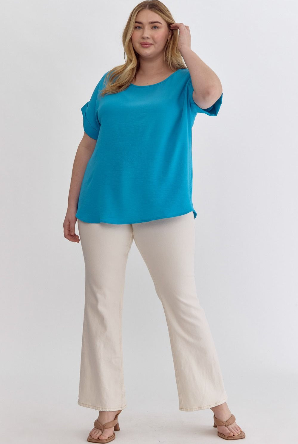 Entro Scoop Neck Blouse With Permanent Rolled Sleeves In Turquoise Plus-Curvy/Plus Blouses-Entro-Deja Nu Boutique, Women's Fashion Boutique in Lampasas, Texas