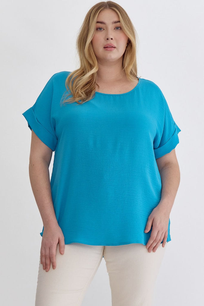 Entro Scoop Neck Blouse With Permanent Rolled Sleeves In Turquoise Plus-Curvy/Plus Blouses-Entro-Deja Nu Boutique, Women's Fashion Boutique in Lampasas, Texas