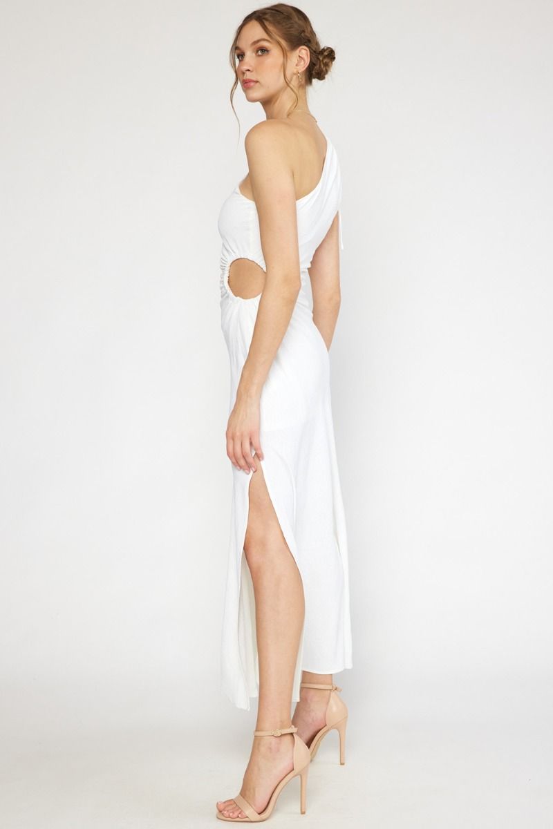 Entro Single Shoulder Maxi Dress Featuring Open Cut Out At Side In Off White-Maxi Dresses-Entro-Deja Nu Boutique, Women's Fashion Boutique in Lampasas, Texas