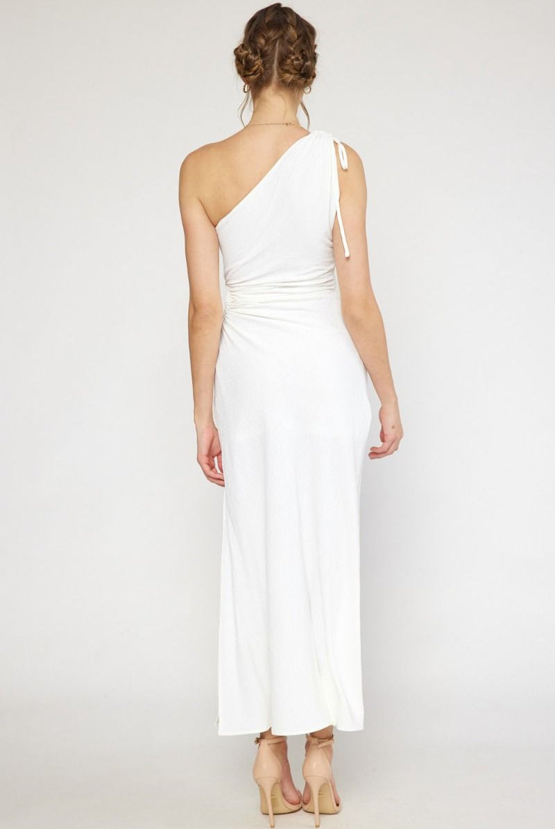 Entro Single Shoulder Maxi Dress Featuring Open Cut Out At Side In Off White-Maxi Dresses-Entro-Deja Nu Boutique, Women's Fashion Boutique in Lampasas, Texas