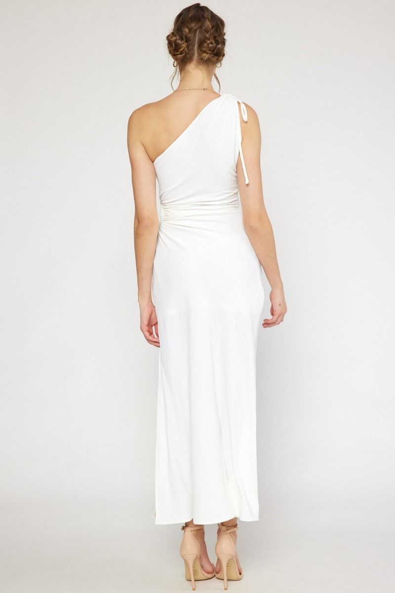 Entro Single Shoulder Maxi Dress Featuring Open Cut Out At Side In Off White-Maxi Dresses-Entro-Deja Nu Boutique, Women's Fashion Boutique in Lampasas, Texas