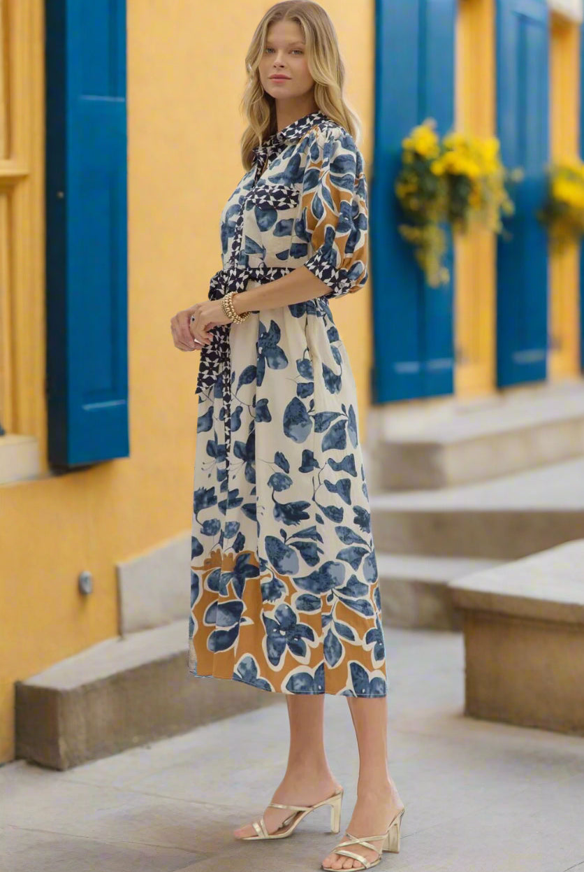 Entro Slate Blue Botanical Midi Shirt Dress with Tie Waist-Midi Dresses-Entro-Deja Nu Boutique, Women's Fashion Boutique in Lampasas, Texas