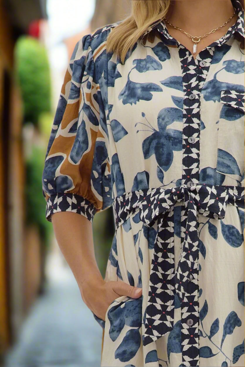 Entro Slate Blue Botanical Midi Shirt Dress with Tie Waist-Midi Dresses-Entro-Deja Nu Boutique, Women's Fashion Boutique in Lampasas, Texas