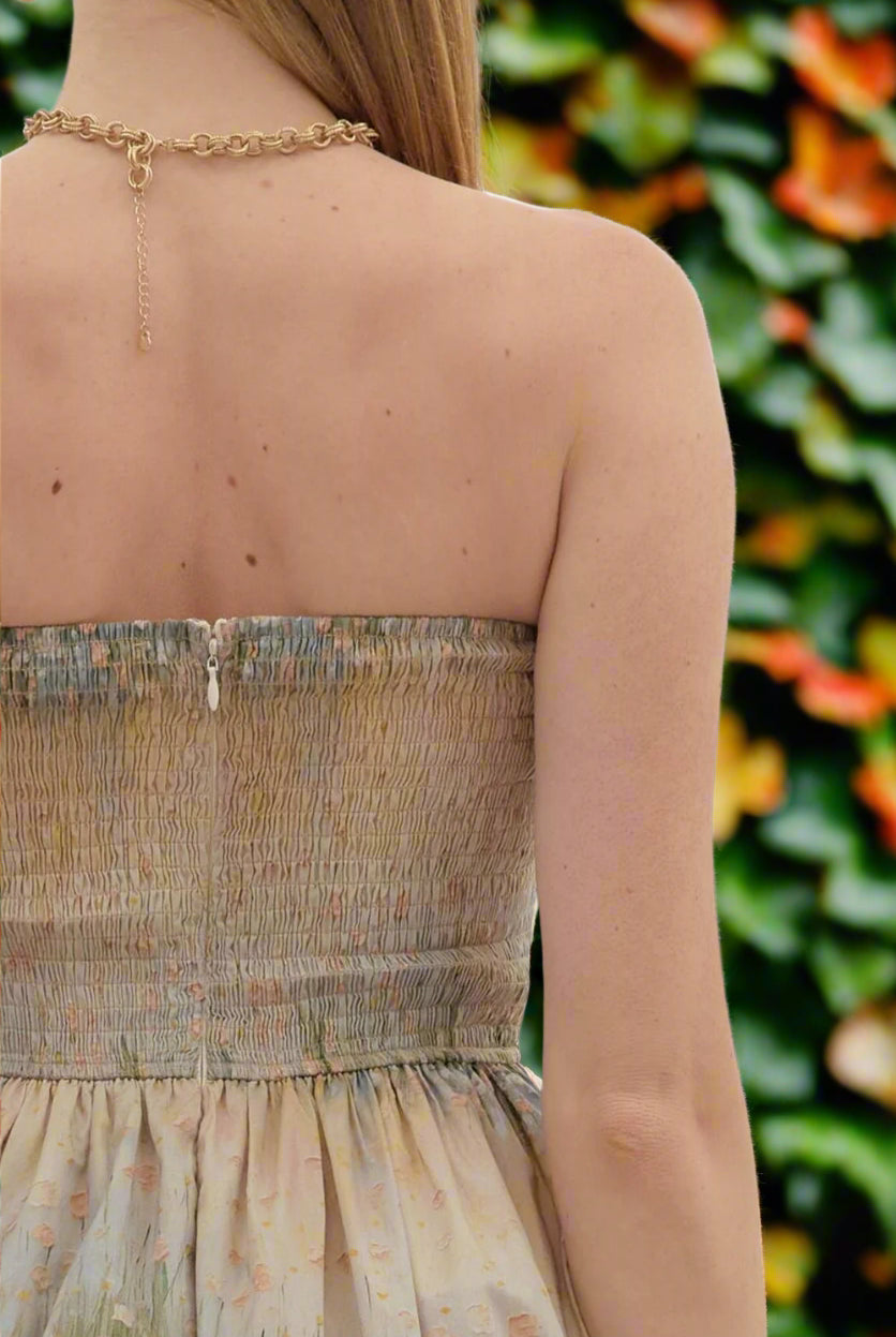 Entro Strapless Linear Floral Pleated Midi Dress with Pockets-Midi Dresses-Entro-Deja Nu Boutique, Women's Fashion Boutique in Lampasas, Texas