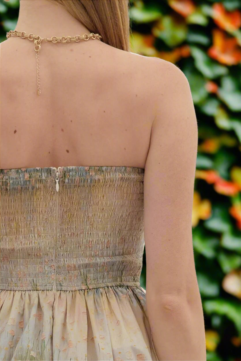 Entro Strapless Linear Floral Pleated Midi Dress with Pockets-Midi Dresses-Entro-Deja Nu Boutique, Women's Fashion Boutique in Lampasas, Texas