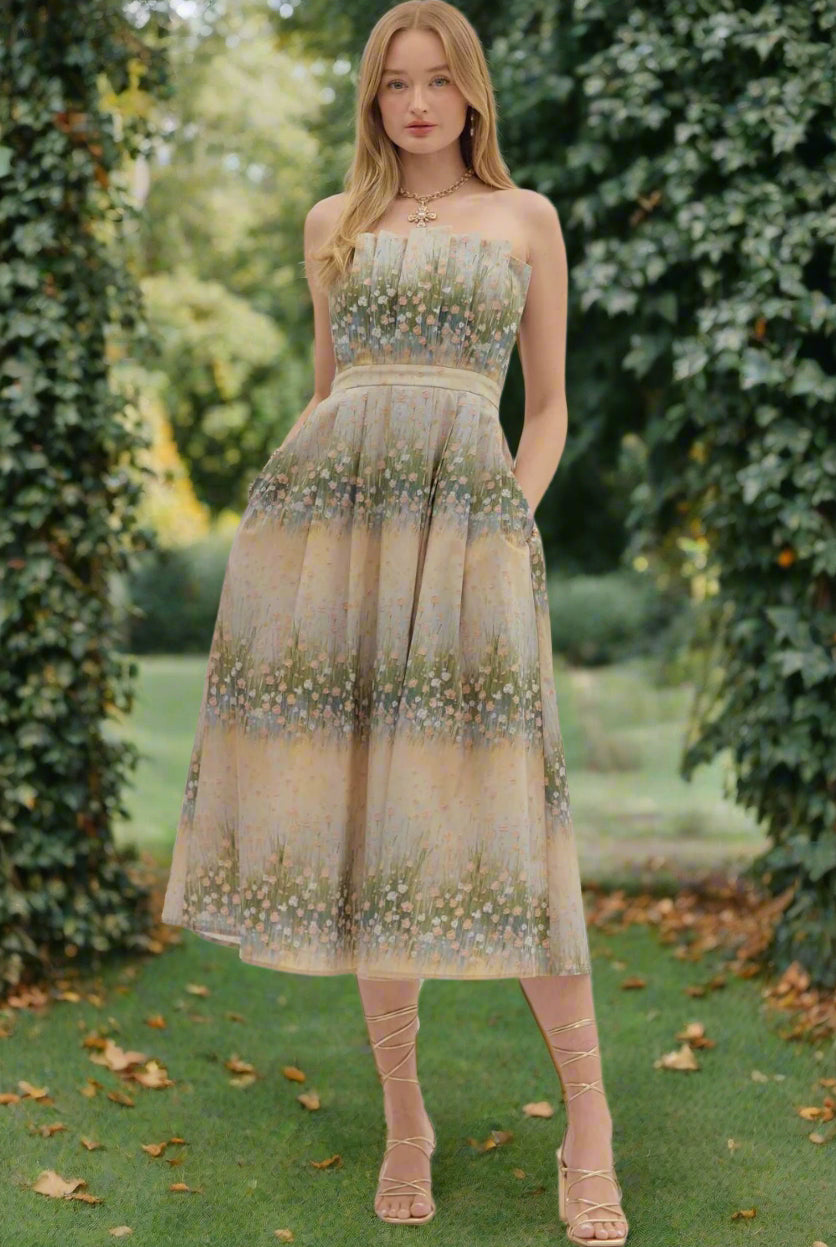 Entro Strapless Linear Floral Pleated Midi Dress with Pockets-Midi Dresses-Entro-Deja Nu Boutique, Women's Fashion Boutique in Lampasas, Texas