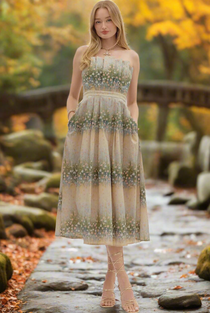 Entro Strapless Linear Floral Pleated Midi Dress with Pockets-Midi Dresses-Entro-Deja Nu Boutique, Women's Fashion Boutique in Lampasas, Texas