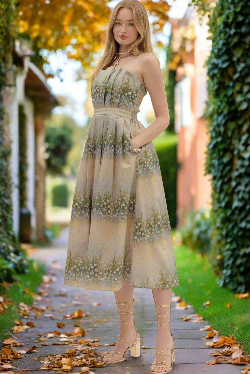 Entro Strapless Linear Floral Pleated Midi Dress with Pockets-Midi Dresses-Entro-Deja Nu Boutique, Women's Fashion Boutique in Lampasas, Texas