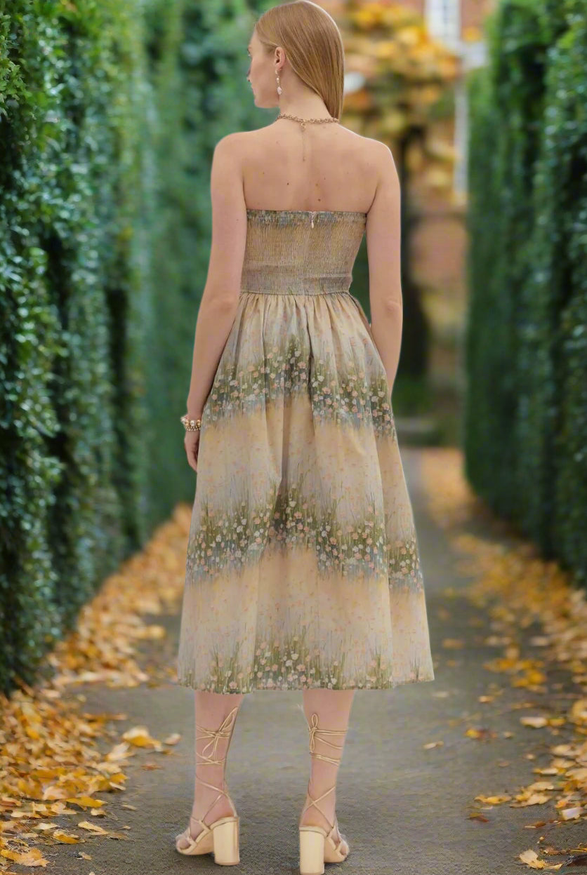 Entro Strapless Linear Floral Pleated Midi Dress with Pockets-Midi Dresses-Entro-Deja Nu Boutique, Women's Fashion Boutique in Lampasas, Texas