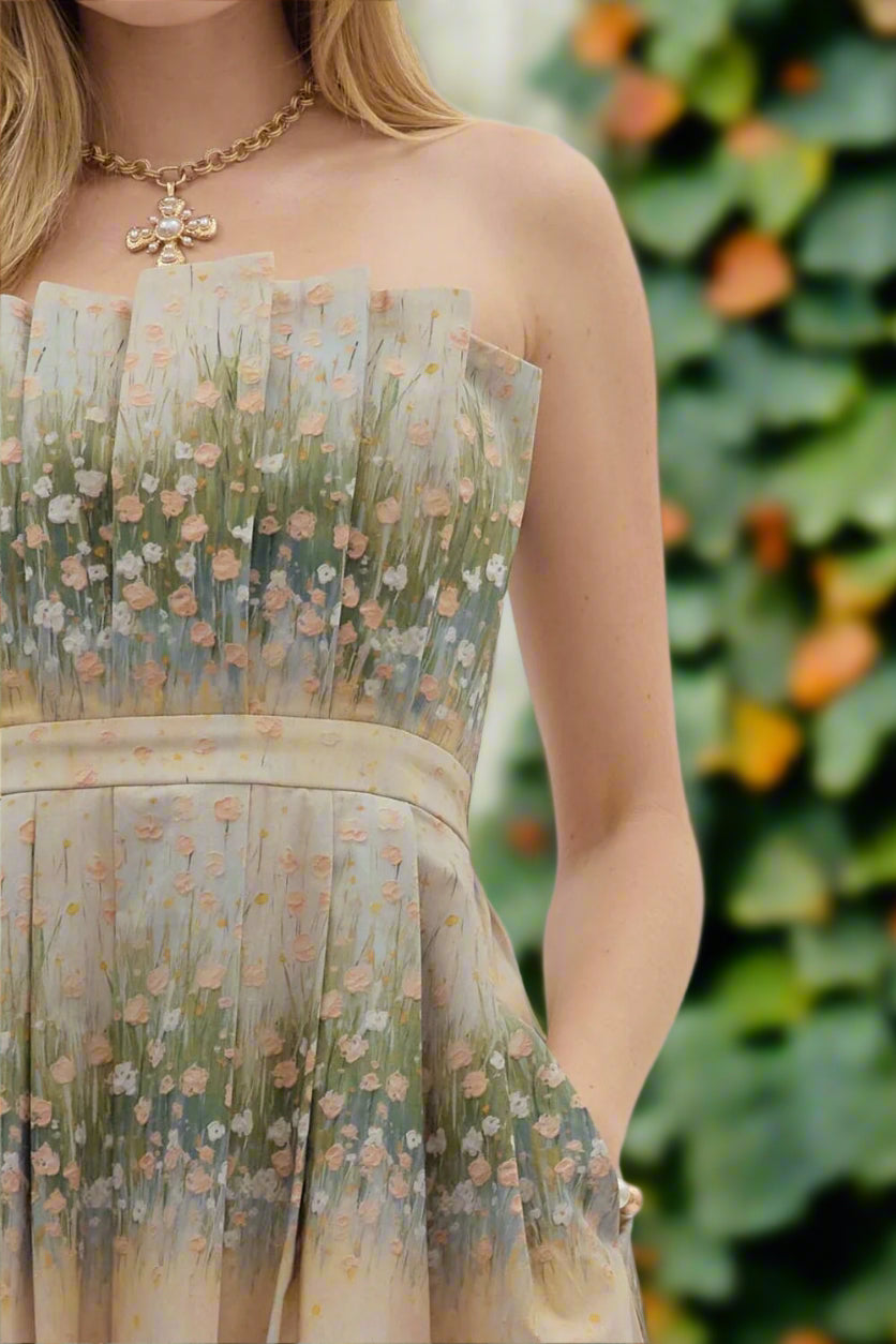 Entro Strapless Linear Floral Pleated Midi Dress with Pockets-Midi Dresses-Entro-Deja Nu Boutique, Women's Fashion Boutique in Lampasas, Texas