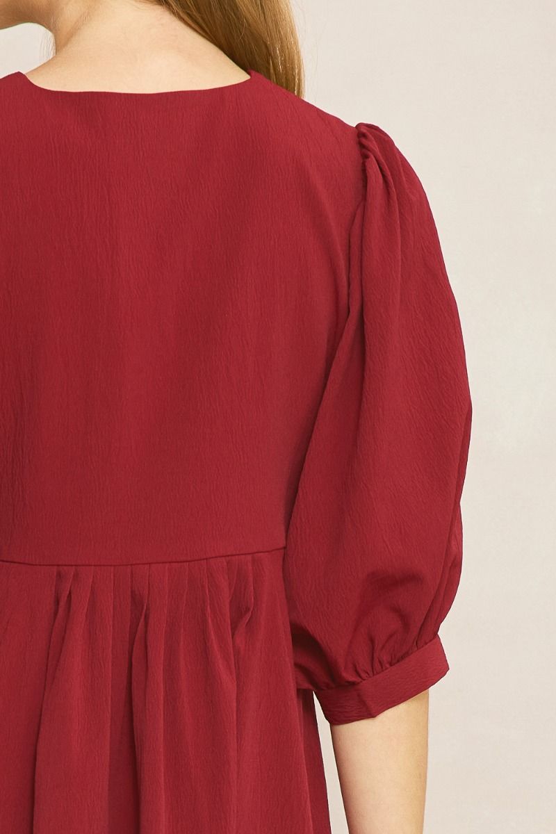 Entro V Neck Baby Doll Dress With Puff Sleeves And Pockets In Wine-Short Dresses-Entro-Deja Nu Boutique, Women's Fashion Boutique in Lampasas, Texas