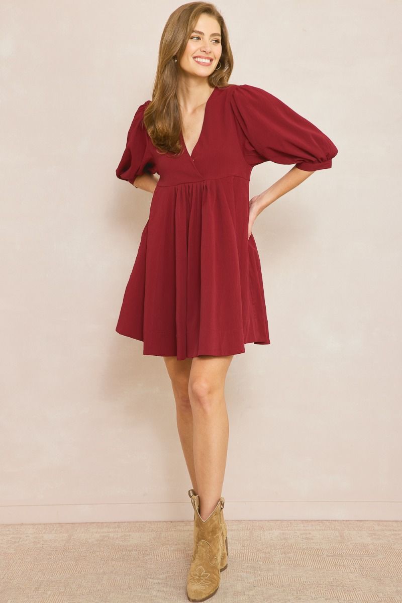 Entro V Neck Baby Doll Dress With Puff Sleeves And Pockets In Wine-Short Dresses-Entro-Deja Nu Boutique, Women's Fashion Boutique in Lampasas, Texas