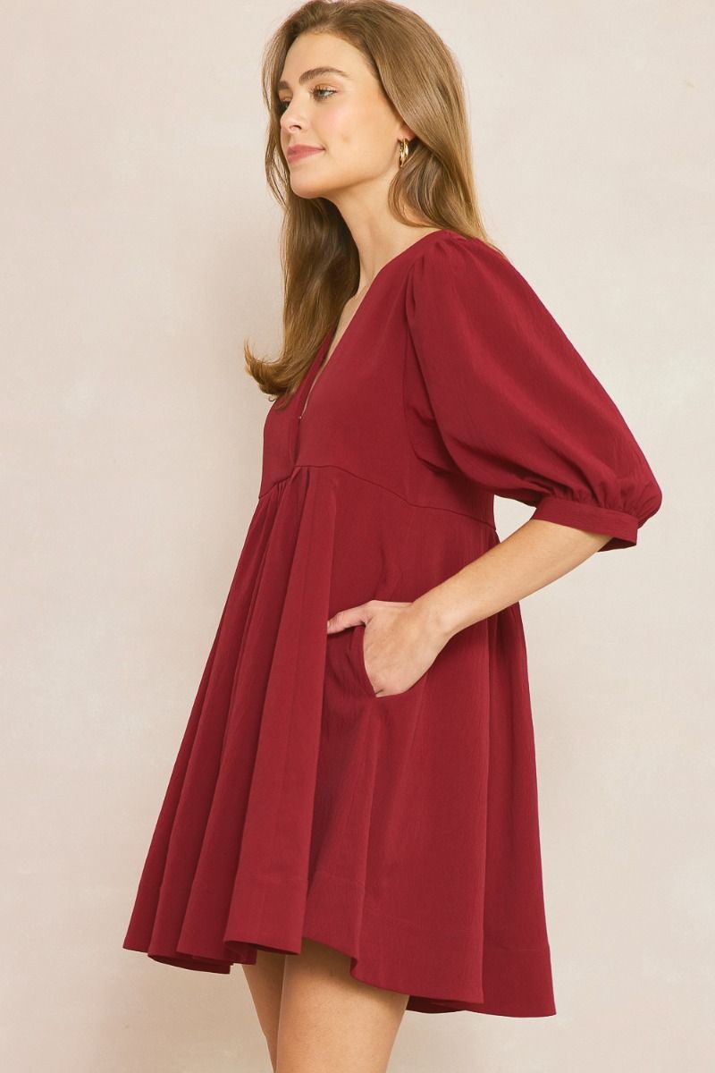 Entro V Neck Baby Doll Dress With Puff Sleeves And Pockets In Wine-Short Dresses-Entro-Deja Nu Boutique, Women's Fashion Boutique in Lampasas, Texas