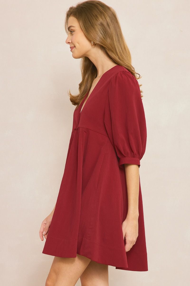 Entro V Neck Baby Doll Dress With Puff Sleeves And Pockets In Wine-Short Dresses-Entro-Deja Nu Boutique, Women's Fashion Boutique in Lampasas, Texas