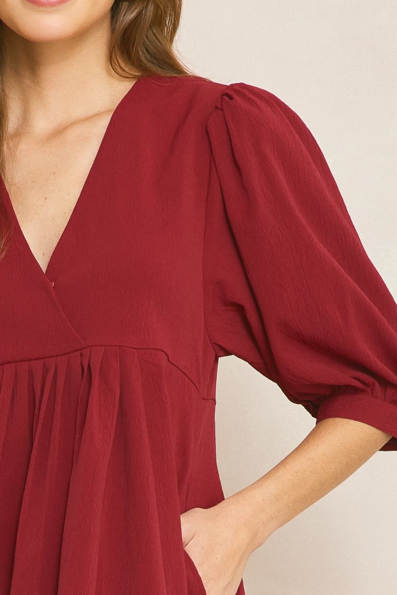 Entro V Neck Baby Doll Dress With Puff Sleeves And Pockets In Wine-Short Dresses-Entro-Deja Nu Boutique, Women's Fashion Boutique in Lampasas, Texas